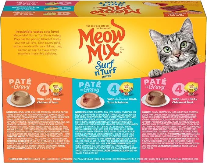 Meow Mix Surf ‘N Turf Patés, Wet Food Variety Pack, 12 Cups