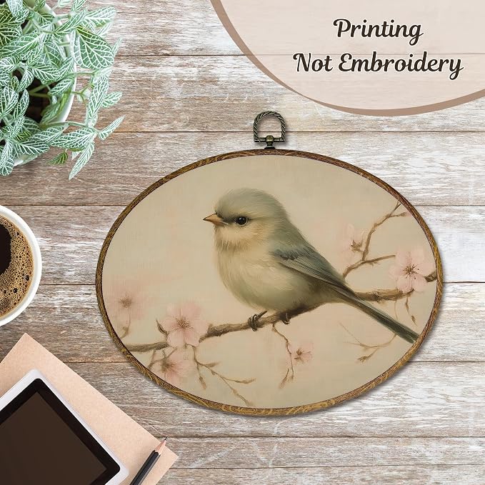 LKETW Vintage Bird Oval Wall Art Decor, Rustic Farmhouse Oval Canvas Hanging Decor, Cottagecore Country Floral Bird Wall Decorations for Home Bedroom Living Room, 8.6x11.4 Inch