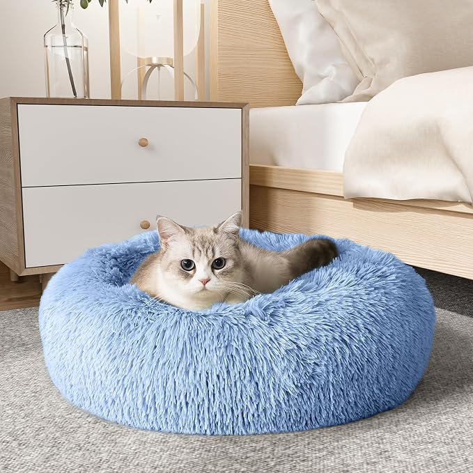 Western Home Calming Donut Cat Bed Small Dog Bed Washable,20" Light Blue | Fluffy Faux Fur Round Cuddler,Anti-Anxiety,Anti-Slip Bottom,Self-Warming Pet Bed for Small Dog&Kitten&Puppy,Up to 12 LBS