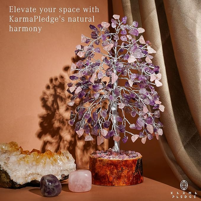 Healing Crystal Tree of Life for Birthday Gifts for Women, Mom, Sister, Friends Brings Good Luck, Money, Positivity, Reiki Healing, Handmade Feng Shui Boho Decor for Home & Office - Rose, Amethyst