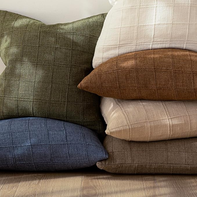 Foindtower Set of 2 Decorative Linen Check Throw Pillow Covers Neutral Farmhouse Lumbar Cushion Covers Modern Boho Home Decor for Sofa Chair Couch Bedroom Living Room,12×20 Inch,Light Brown