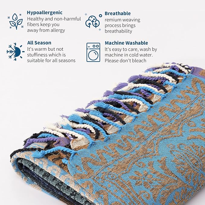 Boho Throw Blanket, Chenille Jacquard Tassels Throw Blankets for Bed Couch Sofa Chair，Bohemian Decor Couch Cover (Purple, Large 86 * 102Inches)
