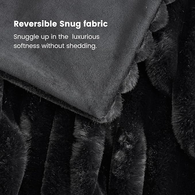 Cozy Bliss Faux Fur Throw Blanket for Couch, Cozy Warm Plush Striped Blanket for Sofa Bedroom Living Room, 50 * 60 Inches Black