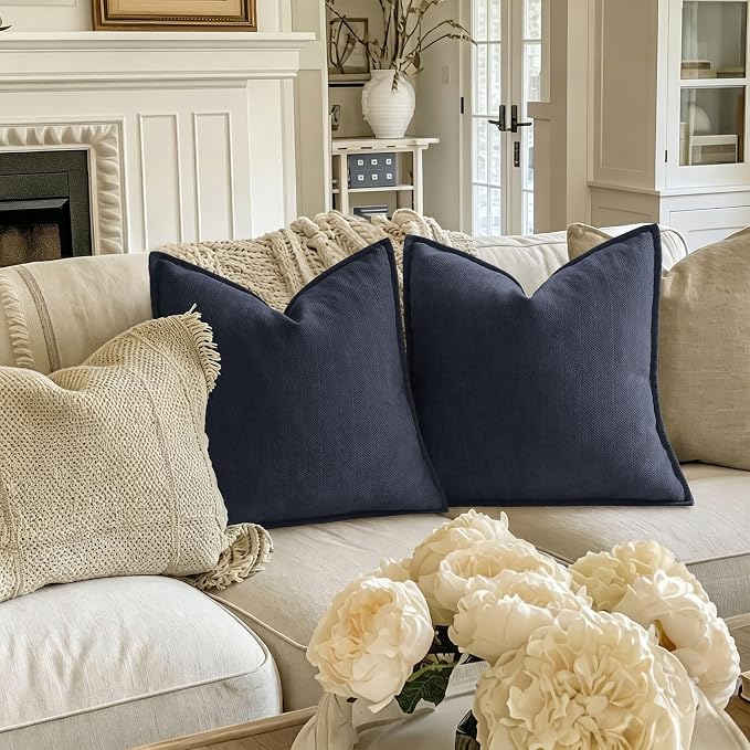Navy Pillow Covers 16x16 Set of 2 Chenille Throw Pillow Covers with Elegant Design Soft and Luxurious Decorative Throw Pillows for Couch, Bed, and Home Decor