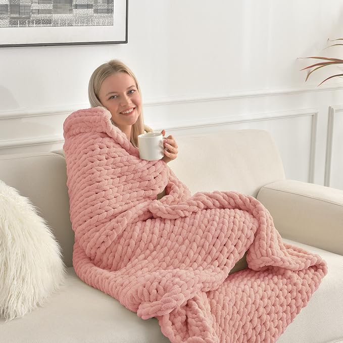 Maetoow Chenille Chunky Knit Blanket,Handmade Cozy for Home Decor,40×50,Rose Pink