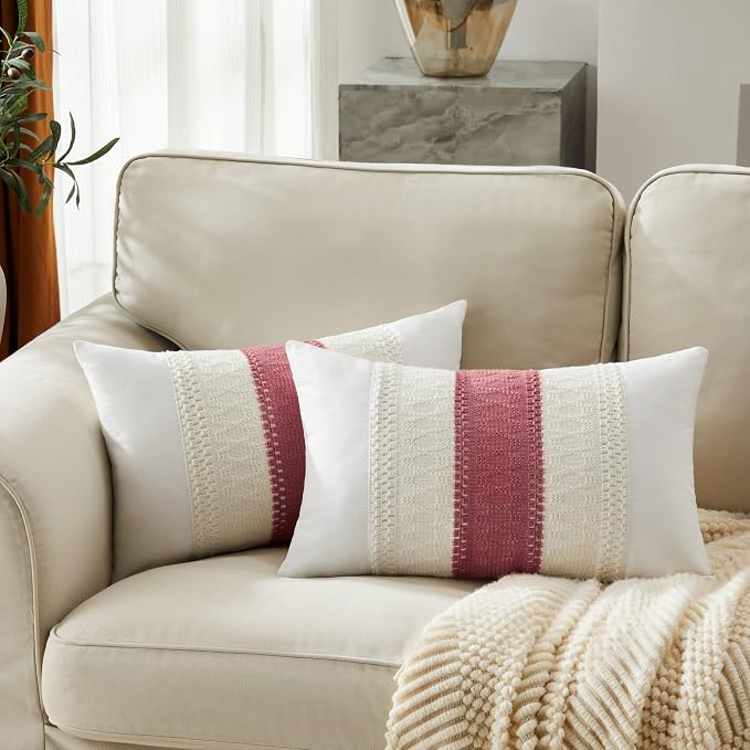 2pk Boho Pillow Covers 12x20, Natural White/Contrast/Dusty Pink | 100% Organic Cotton Body, Stripe Embroidery, Farmhouse Decorative Cushion Covers for Sofa Bed Living Room Home Decor