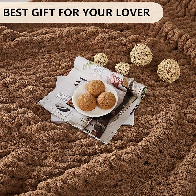 L'AGRATY Chunky Knit Throw Blanket for Couch, 50'' x 60'' Knit Throw, Brown | Handmade Chenille Crochet Blanket for Sofa Bed, Thick Cable Knitted Blankets for Room Home Decor, Birthday Gift for Women Mom