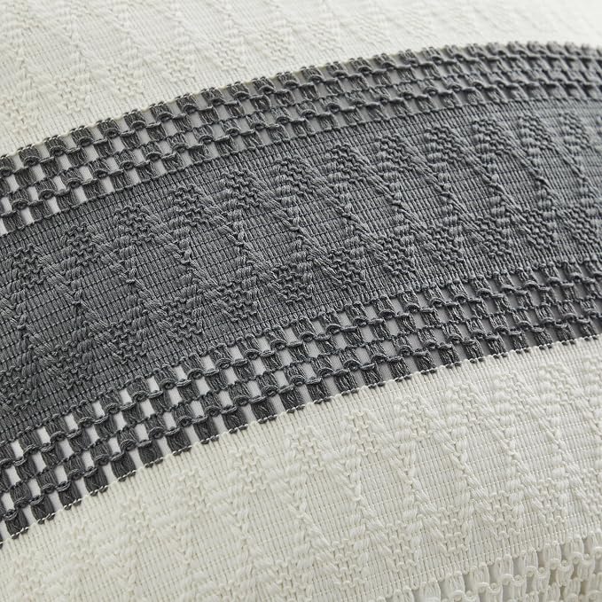2pk Boho Pillow Covers 22x22, Natural White/Contrast/Charcoal | 100% Organic Cotton Body, Stripe Embroidery, Farmhouse Decorative Cushion Covers for Sofa Bed Living Room Home Decor