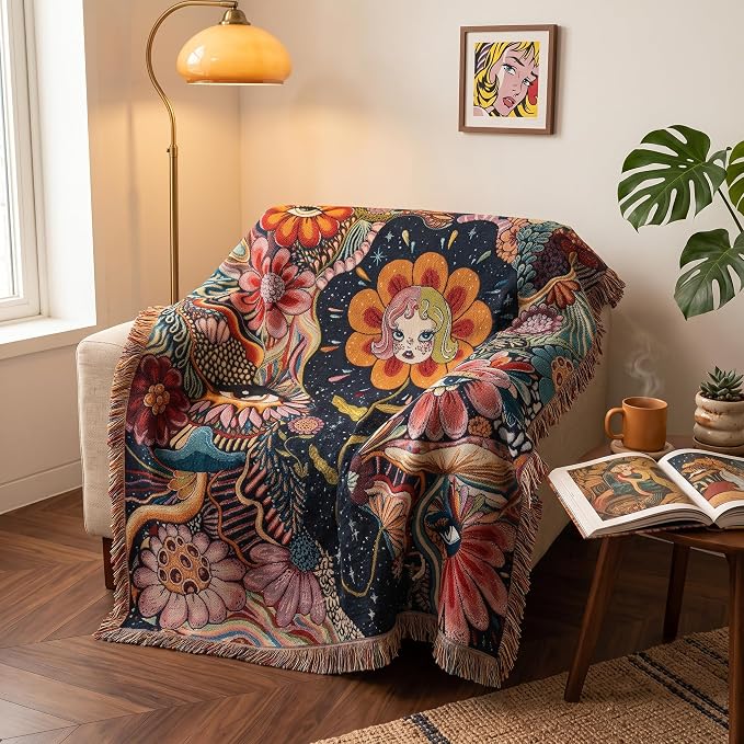 Woven Hippie Boho Throw Blanket for Couch Bed Chair Lounge Boho Room Decor Reversible Cotton Whimsical Throw Blanket Witchy Room Decor Aesthetic Throws Bed Spread Outdoor Camping Blankets 51x59 Inches