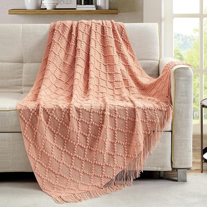 BOURINA Orange Throw Blanket 50 x70 Inch Jacquard Throw Knitted Blanket | Jacquard Argyle Throw Textured Solid Soft Throws and Blankets for Sofa or Bed Knitted Decorative Blanket