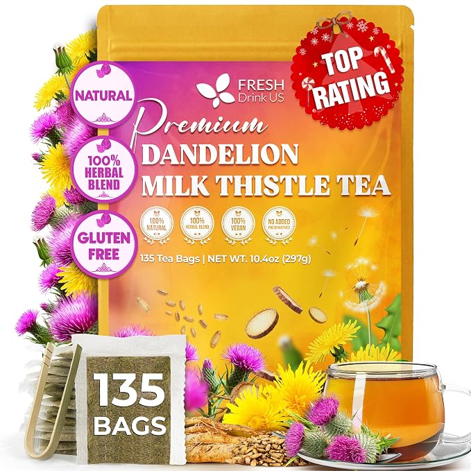 FreshDrinkUS, Premium Dandelion Milk Thistle Herbal Tea | 135 Tea Bags | Herbal Blend with Dandelion Root & Milk Thistle Seed – Clean Plant-Based Daily Tea, Naturally Caffeine Free. Sugar Free. Vegan