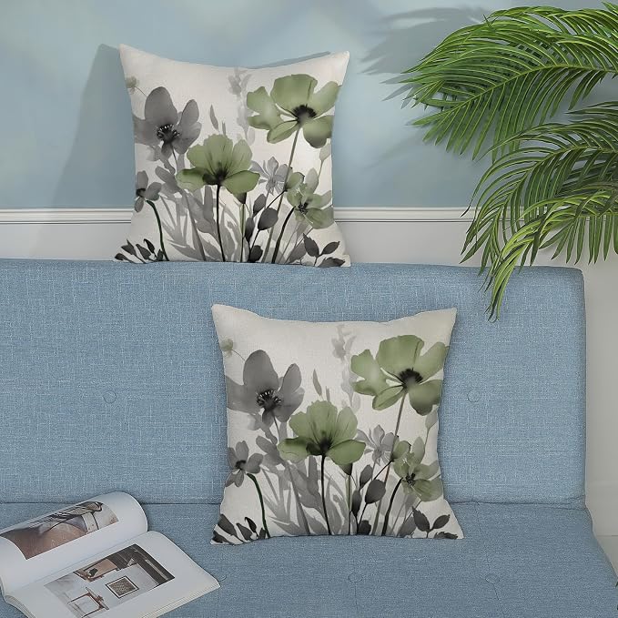 Spring Floral Pillow Covers 18x18 Inches Set of 2 Gray Sage Green Floral Throw Pillow Covers Outdoor Rustic Summer Flower Decoration Pillowcase Farmhouse Decorative Cushion Cover For Home Sofa