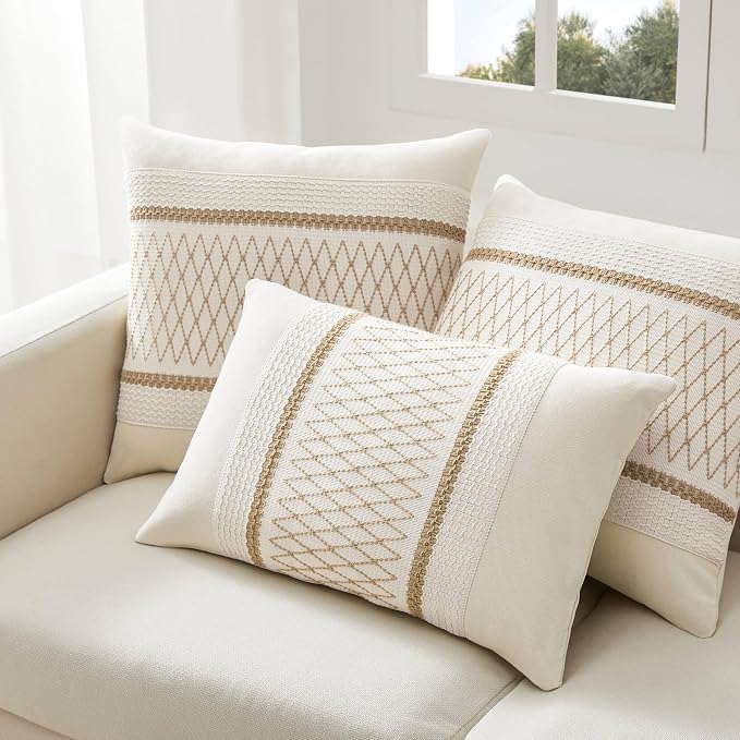2 Pack Boho Throw Pillow Covers, Grid Brown 16x16in | Soft Breathable Cotton, Farmhouse Decorative Couch Pillow Cases, Cushion Covers for Sofa Bed Living Room Home Decor
