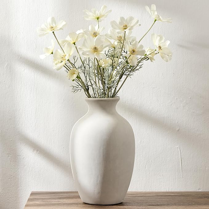 Large Ceramic Rustic Flower Vase, 10.43 Inch Tall Vintage Pottery Home Decor, Antique Farmhouse Terracotta Vase for Living Room, Shelf, Table, Mantel Decoration, Farmhouse - Off-White