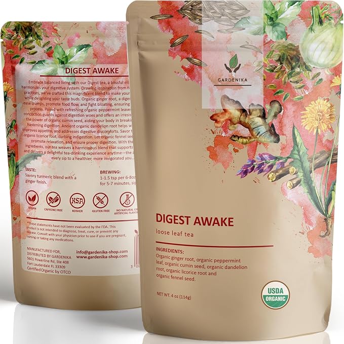 Gardenika Organic Digestive Loose Leaf Tea, Stomach Ease Herbal Caffeine-Free Leaves, Ayurvedic Blend with Dandelion Root, Ginger, Peppermint, Licorice – 4 oz