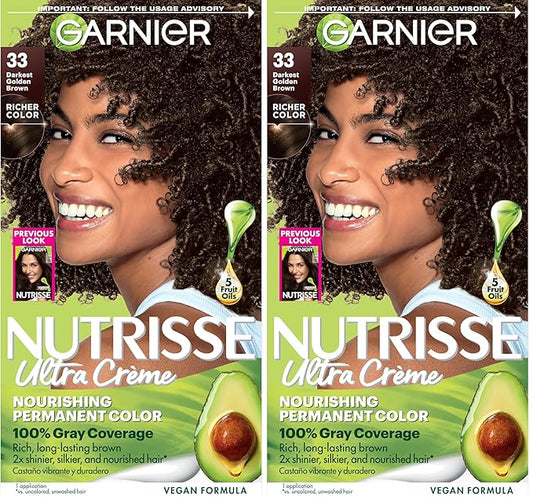 Garnier Hair Color Nutrisse Nourishing Creme, 33 Darkest Golden Brown (Caramel Fudge) Permanent Hair Dye, 1 Count (Packaging May Vary) (Pack of 2)