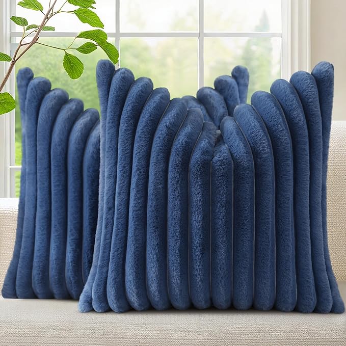 decorUhome Fall Faux Fur Throw Pillow Covers 24x24 Set of 2 Navy Blue | Decorative Soft Cozy Striped Plush Modern Farmhouse Boho Couch Pillow Cases Velvet Back for Sofa Bed Living Room Home Decor