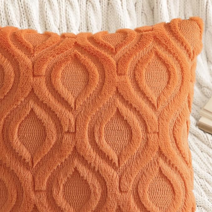 decorUhome Faux Fur Plush Soft Orange Throw Pillow Covers 22x22 Set of 2 | Plush Solid Fall Couch Pillow Covers, Accent Modern Farmhouse Neutral Decorative Square Pillow Cases for Sofa Bed Living Room