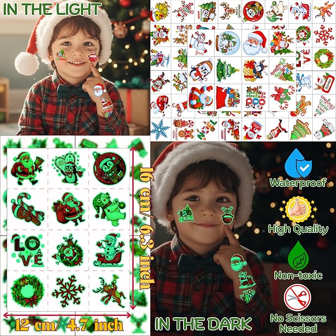 Luminous Christmas Temporary Tattoos - 60Pcs Glow In Dark Christmas Decorations Stickers Xmas Party Decor Party Favors Supplies Accessories Craft Winter Reindeer Penguin Gift Idea For Kids Youth Adult