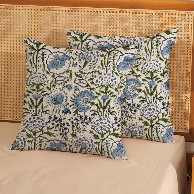Boho Navy Blue Pillow Covers 20x20 Inch Set of 2 Blue Sage Green Floral Throw Pillows Vintage Flower Outdoor Decorative Pillow Cases Farmhouse Linen Cushion Cover Decor for Couch Sofa Decor