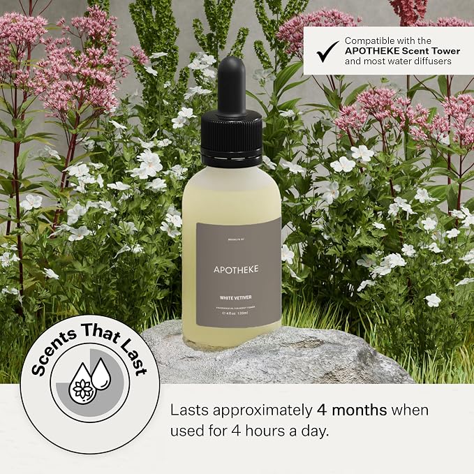 Apotheke Scent Tower Aromatherapy Diffuser Fragrance Refill, White Vetiver (120 ml) - Long-Lasting Perfume-Grade Essential Oil for Clean & Fresh Home, Office, Hotel & Large Rooms