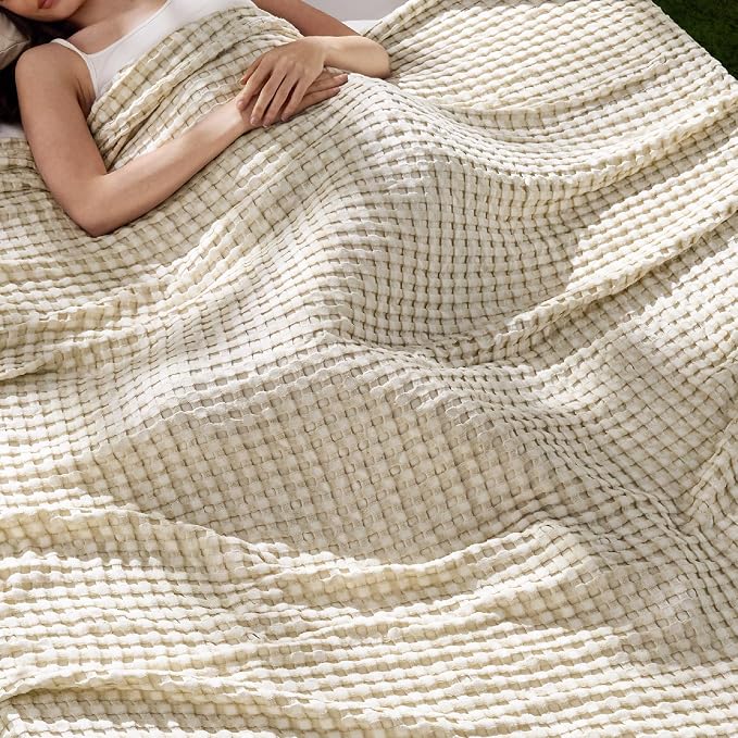 Bedsure Cooling Cotton Waffle Queen Size Blanket - Lightweight Breathable Soft Blanket of Rayon Derived from Bamboo for Hot Sleepers, Luxury Throws for Bed, Couch and Sofa, Linen, 90x90 Inches