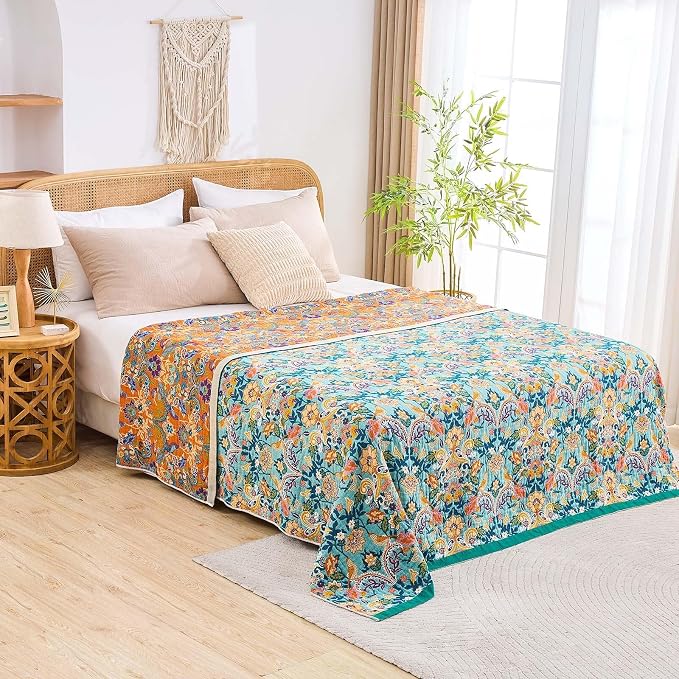 XIBLC Boho Blanket Throw Quilt, 100% Cotton Soft Light Weight Throw Blankets for Summer, 50"x60" Farmhouse Flower Decorative Blankets, All Season Rustic Reversible Bohemian Throw Quilt