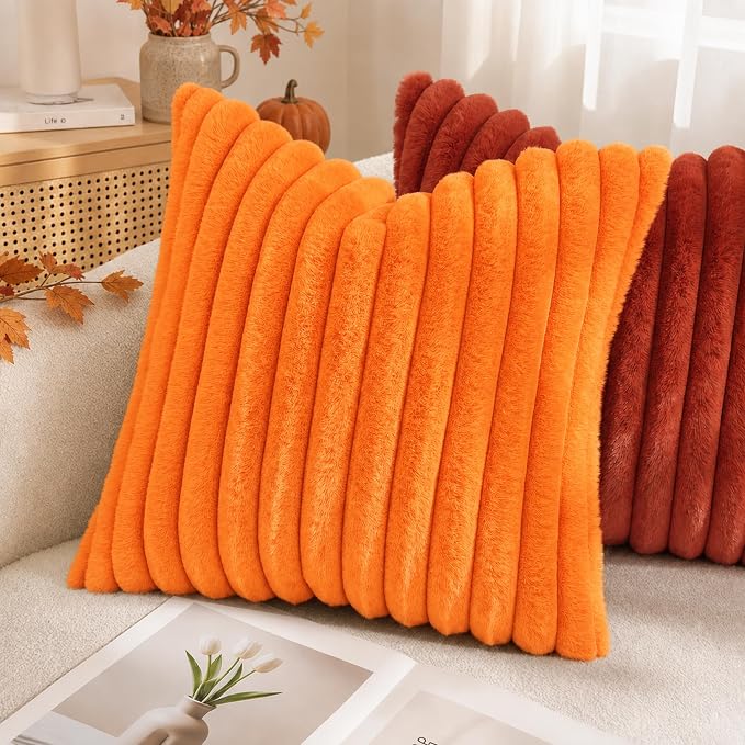 decorUhome Fall Faux Fur Throw Pillow Covers 12x20 Set of 2 Orange | Decorative Soft Cozy Striped Plush Modern Farmhouse Boho Couch Pillow Cases Velvet Back for Sofa Bed Living Room Home Decor