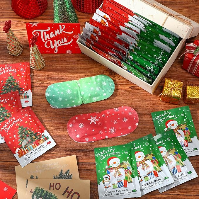 Demissle 60 Pack Christmas Steam Eye Masks Bulk for Dry Eyes Disposable Eyes Masks Cover Self Heating Red and Green Moist Heat Eyemasks Holiday Warm Eye Compress Gift for Women Home Office Travel