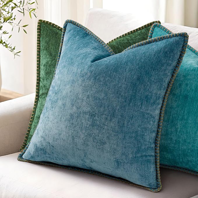 decorUhome Soft Chenille Throw Pillow Covers 24x24 Set of 2 Teal | Fall Textured Decorative Throw Pillow Cases Stitched Edge Modern Farmhouse Luxury Boho Velvet for Couch Sofa Bed Home Decor