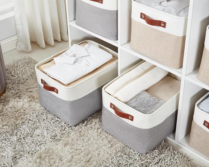DECOMOMO Storage Bins, Large Fabric Storage Baskets for Shelves 1 Pack | 15 x 11 x 9.5 inches Decorative Linen Closet Organizers (Grey & White)