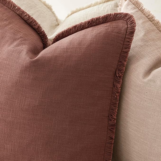 Foindtower Set of 2 Decorative Linen Fringe Throw Pillow Covers Boho Farmhouse Cushion Cover with Tassels Soft Accent Pillowcase for Couch Chair Sofa Bed Living Room Home Decor,20×20 Inch,Rust Red