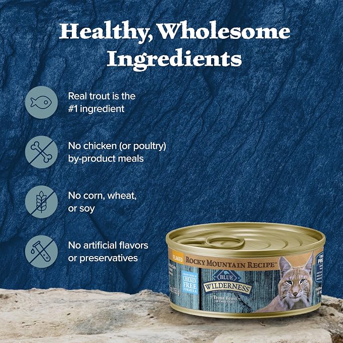 Blue Buffalo Wilderness Rocky Mountain Recipe Wet Cat Food Flakes (24 Pack) | Flaked Trout in Tasty Gravy, Grain-Free & Chicken-Free, High Protein, Made with Natural Ingredients, 5.5-oz. Cans