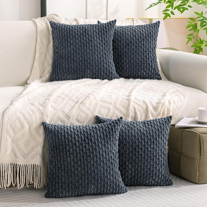 Set of 4 Grey Blue Decorative Throw Pillow Covers 22x22 Inch Corduroy Pillow Covers for Bed Couch Sofa Living Room Soft Square Cushion Cases