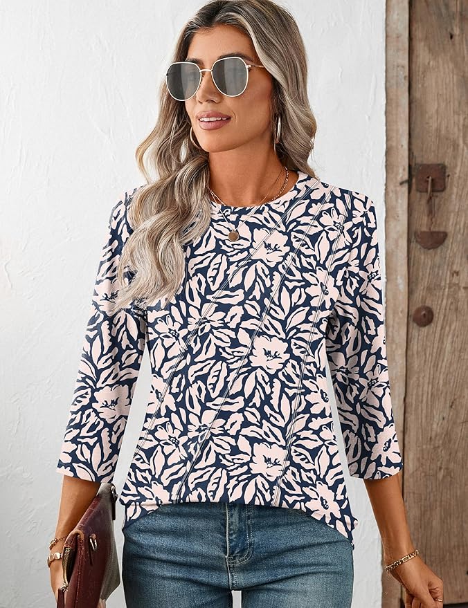 LOMON 3/4 Length Sleeve Womens Tops Spring Summer Fashion 2026 Tops Crew Neck Pleated Shirts Tunic Top Loose Fit