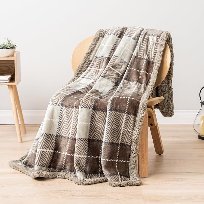 PAVILIA Plaid Sherpa Throw Blanket for Couch Sofa Bed, Dark Grey, 50x60 | GSM 460; Soft Plush Flannel Fleece; Warm&Cozy for Home; Machine Washable, Perfect Cabin Decor Winter Holiday Christmas Gift