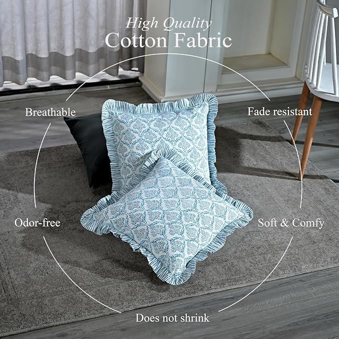 CPC Indigo Regal Hand Block Print 100% Cotton Ruffle Throw Pillow Cover 18x18 inch with Hidden Zipper Decorative for Couch, Bed, Sofa, Farmhouse, Cottagecore Decor Gift Christmas Fall Thanksgiving