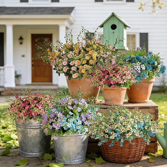 RM ROOMERS Artificial Flowers Plants for Outdoors, Fake Flowers Pink | Forget-me-not UV Resistant Faux Flower for Garden Porch Windowbox Front Door Yard, No Fade Home Table Vase Decor (4 Bundles)
