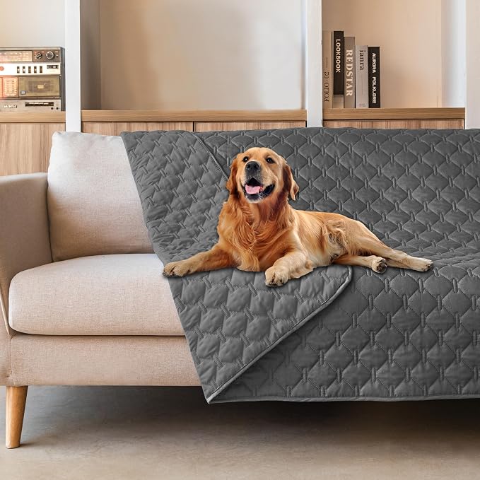 gogobunny 3X Stronger Waterproof Pet Blanket, Scratch Proof Furniture Protector for Dogs Cats, Reversible Cover 82x120 Inch, Dark Grey