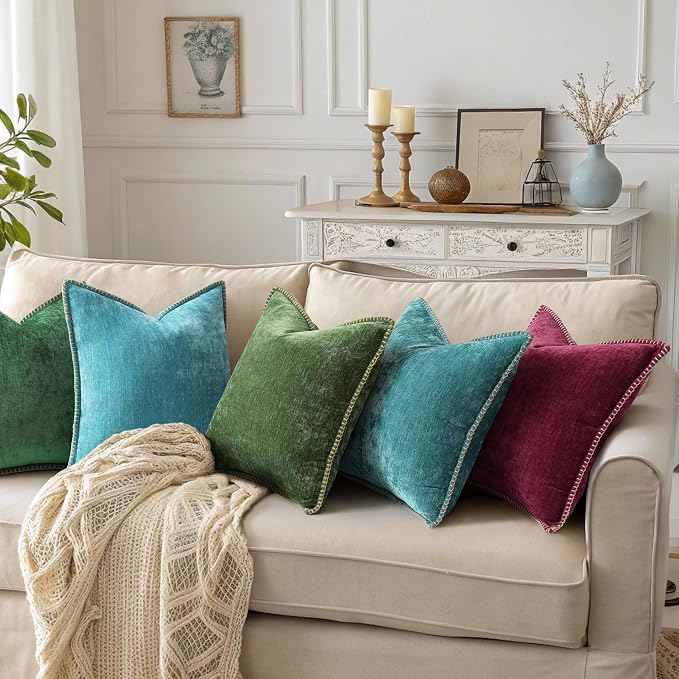 decorUhome Soft Chenille Throw Pillow Covers 16x16 Set of 2 Rhododendron | Fall Textured Decorative Throw Pillow Cases Stitched Edge Modern Farmhouse Luxury Boho Velvet for Couch Sofa Bed Home Decor