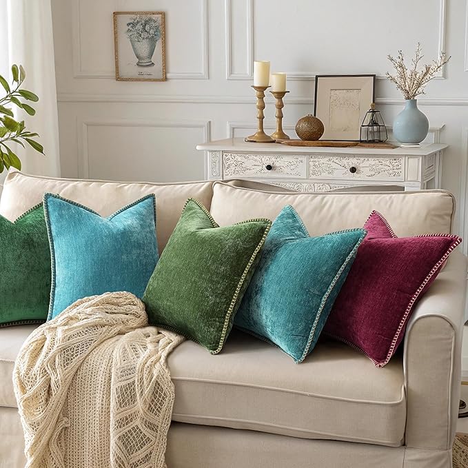 decorUhome Soft Chenille Throw Pillow Covers 24x24 Set of 2 Rhododendron | Fall Textured Decorative Throw Pillow Cases Stitched Edge Modern Farmhouse Luxury Boho Velvet for Couch Sofa Bed Home Decor
