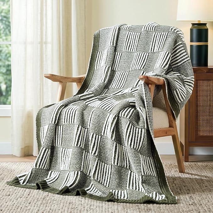 Knit Throw Blanket, Soft Chenille Cozy Breathable Dual Tone Checkered Chunky Decorative Blanket for Couch, Bed & Sofa, French-Inspired Lightweight Warm Gift for Women, Olive Green, 60"x80"