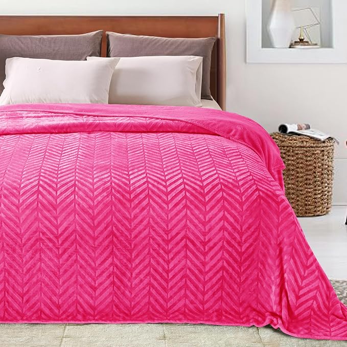 Whale Flotilla Flannel Fleece Fall Bed Blanket Twin Size, Hot Pink | Lightweight Breathable Soft Bedspread, Plush Fluffy Coverlet Chevron Design Decorative Blanket for Home Life, 60x80 Inch