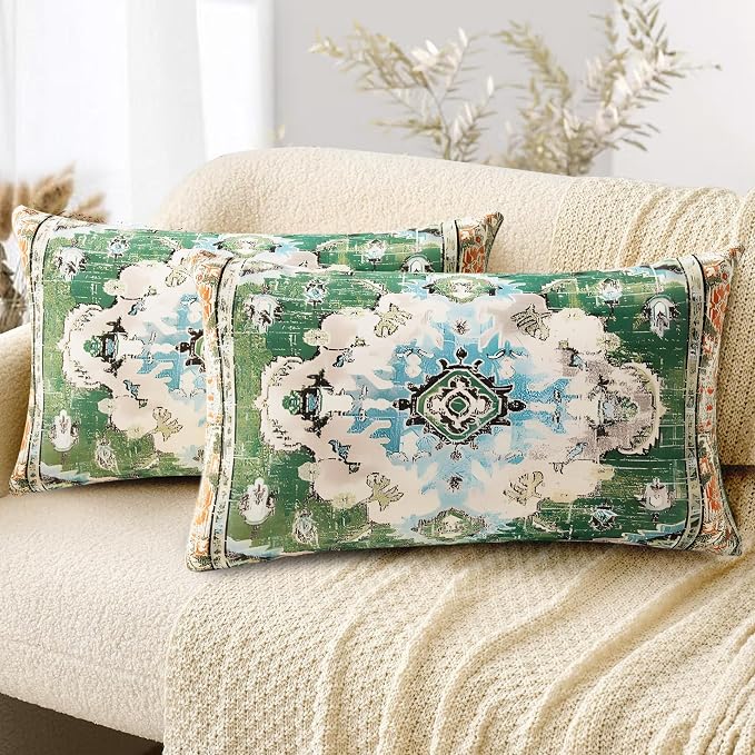 Boho Throw Pillow Covers 12x20 inch Set of 2, Soft Pillowcases Bohemia Carpet Printing Pattern Decorative Sofa Living Room Bed Rectangle Pillow Case Cushion Cover-Green
