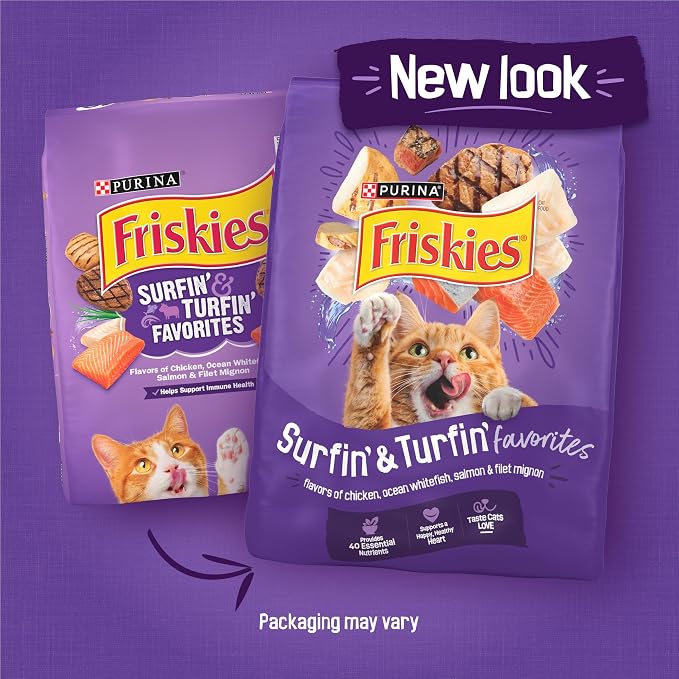 Purina Friskies Cat Food Surfin and Turfin Favorites Flavors of Chicken, Whitefish, Salmon and Filet Mignon - (Pack of 4) 3.15 lb. Bags