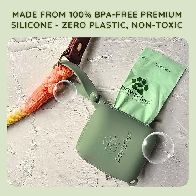 Pawtria Silicone Poop Bag Holder Dispenser, Matte Green + 15-Bag Roll