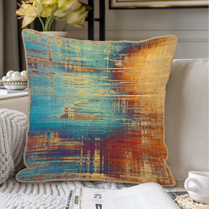 KSLIDS Vintage Abstract Soft Velvet Throw Pillow Covers Set of 2 Blue Orange Messy Rust Painting Decorative Pillow Covers 18x18 Inch Colorful Art Pillow Case for Sofa Couch Living Room Home Decor