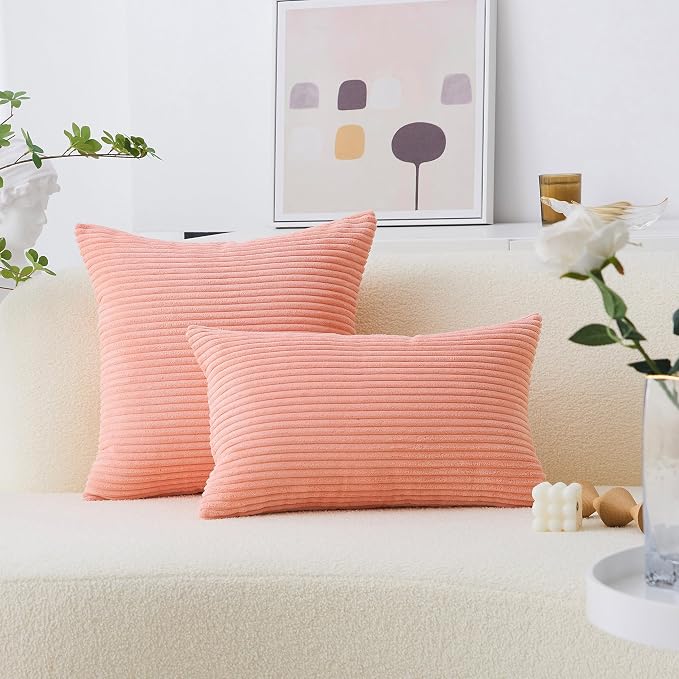 Home Brilliant Soft Plush Pillow Cover Pink Decorative Throw Pillow Cover 20 x 20 Square Corduroy Striped Pillowcase for Baby Women Couch Decorations, 20x20 inch (50cm), Coral