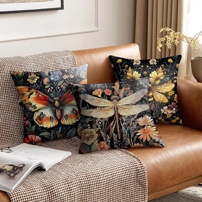 Vintage Dark Dragonfly Bee Butterfly Pillow Covers 18x18 Double-Sided Set of 3,Insect Gifts for Women,Vintage Dark Cottagecore Floral Botanical Insects Decorative Throw Pillow Covers for Home
