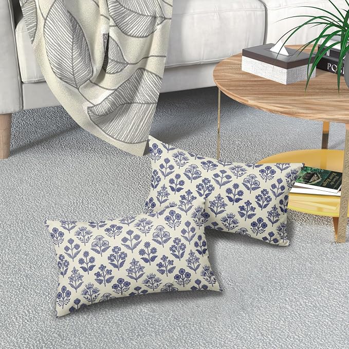 Navy Blue Floral Pillow Covers 12x20 Inch Set of 2, Block Print Lumbar Flower Cream Decorative Throw Pillowcases Outdoor Farmhouse Rectangle Cushion Covers Spring Summer Sofa Couch Bed Decor